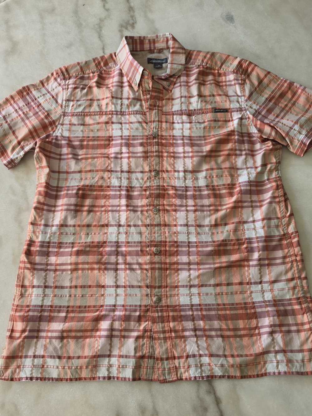 Eddie Bauer Coral and White Plaid Short-Sleeve Button-Down Shirt